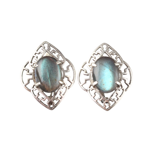 Labradorite Openwork Earrings with Russian Lock Handmade 925 Sterling Silver Earrings Prong Setting Earrings