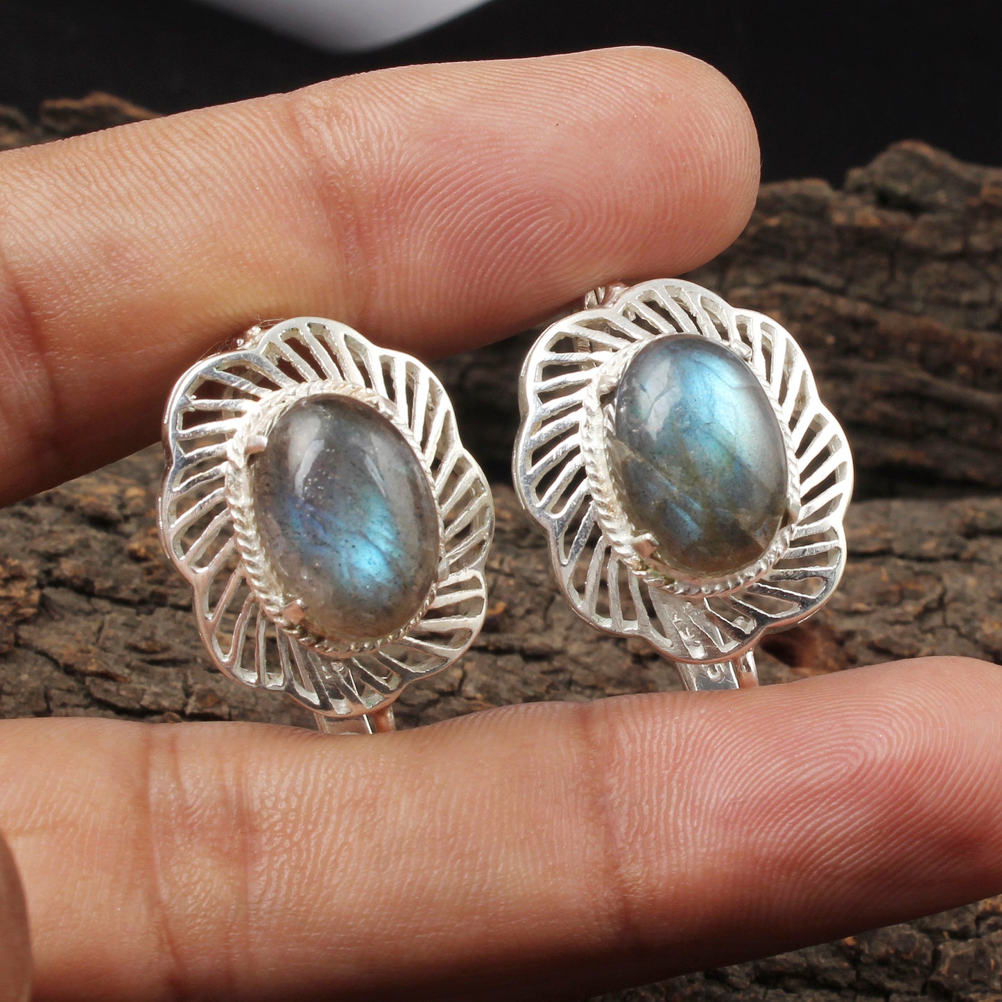 Labradorite Earrings with Russian Lock Handmade 925 Sterling Silver Earrings Openwork Prong Setting Earring