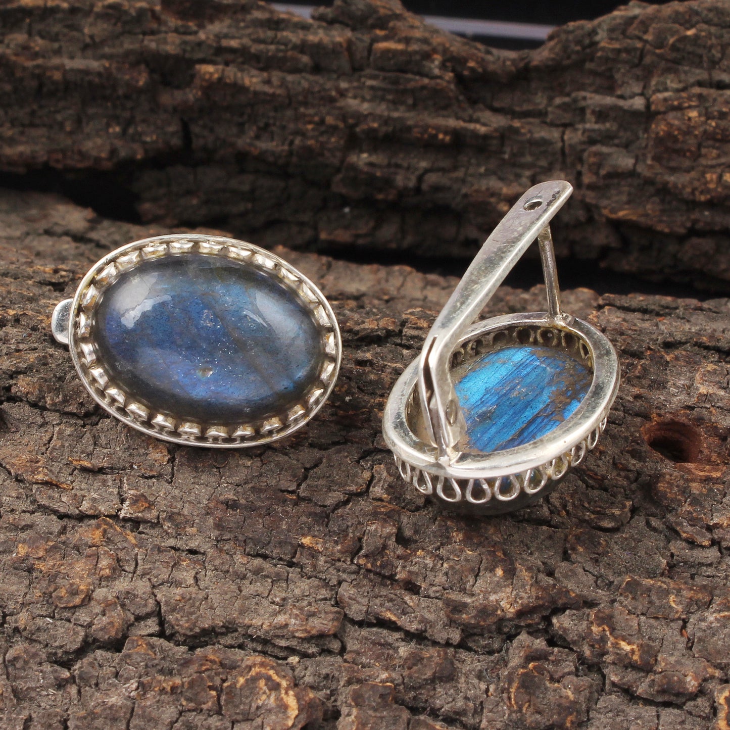 Labradorite Earrings with Russian Lock Handmade 925 Sterling Silver Earrings Openwork Bohemian Earring