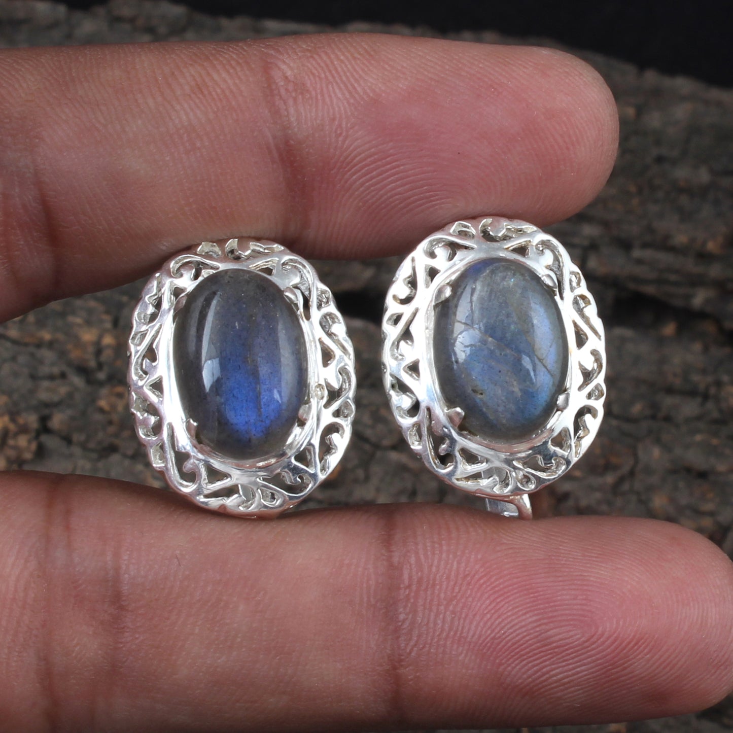 Natural Labradorite Openwork Earrings with Russian Lock Handmade 925 Sterling Silver Earrings Prong Setting Earrings