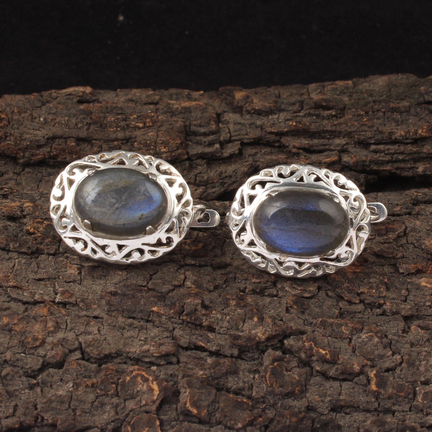 Natural Labradorite Openwork Earrings with Russian Lock Handmade 925 Sterling Silver Earrings Prong Setting Earrings