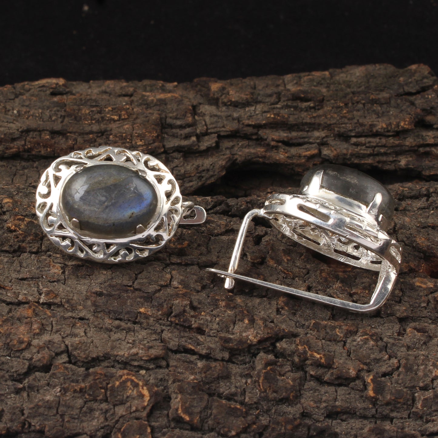 Natural Labradorite Openwork Earrings with Russian Lock Handmade 925 Sterling Silver Earrings Prong Setting Earrings