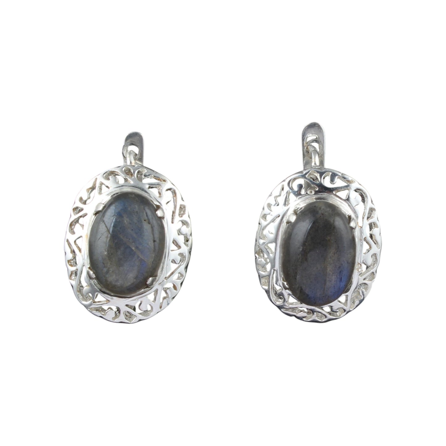 Natural Labradorite Openwork Earrings with Russian Lock Handmade 925 Sterling Silver Earrings Prong Setting Earrings