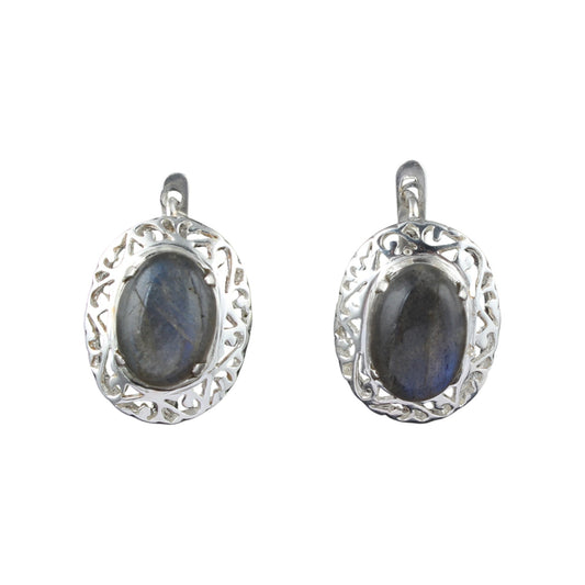 Natural Labradorite Openwork Earrings with Russian Lock Handmade 925 Sterling Silver Earrings Prong Setting Earrings