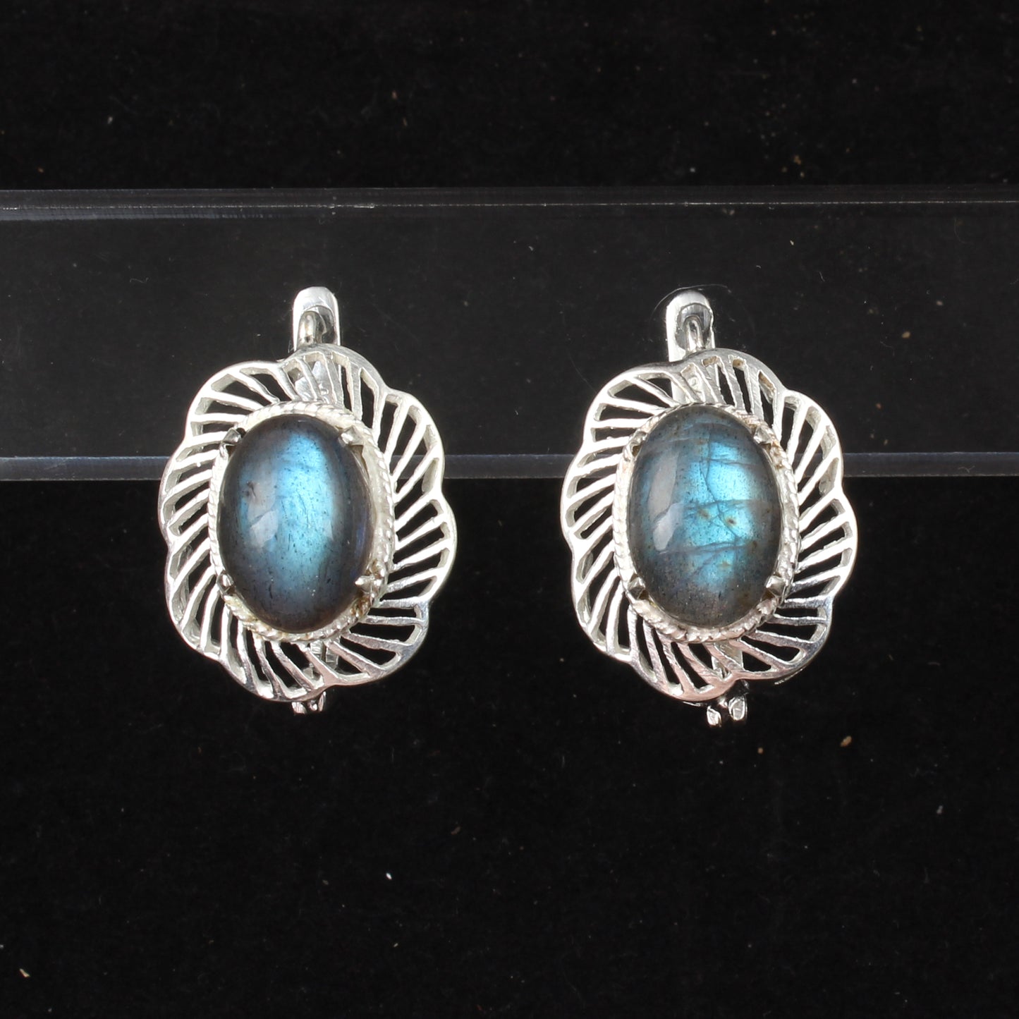 Labradorite Openwork Earrings with Russian Lock 925 Sterling Silver Earrings Handmade Prong Setting Earrings