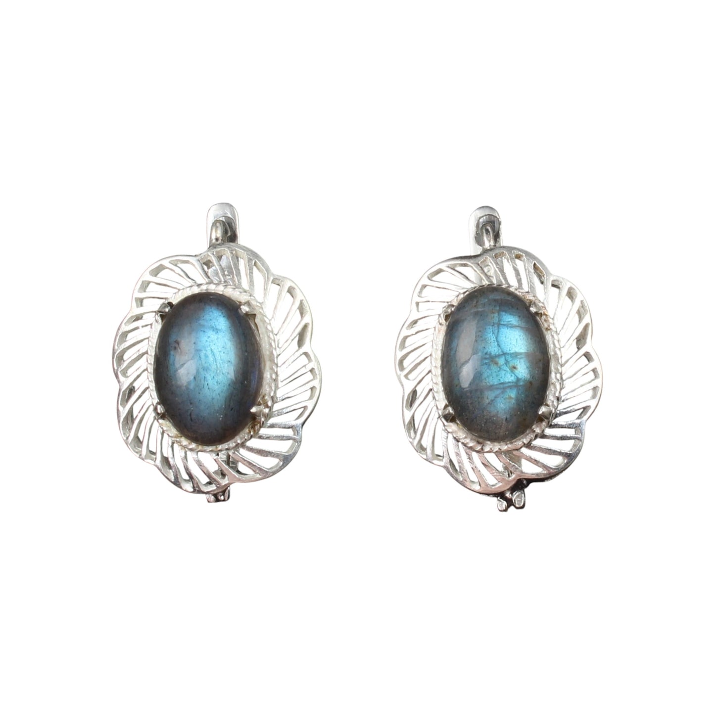 Labradorite Openwork Earrings with Russian Lock 925 Sterling Silver Earrings Handmade Prong Setting Earrings