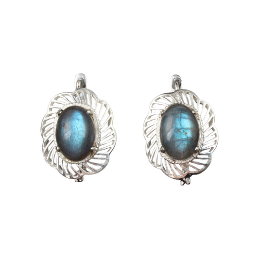 Labradorite Openwork Earrings with Russian Lock 925 Sterling Silver Earrings Handmade Prong Setting Earrings