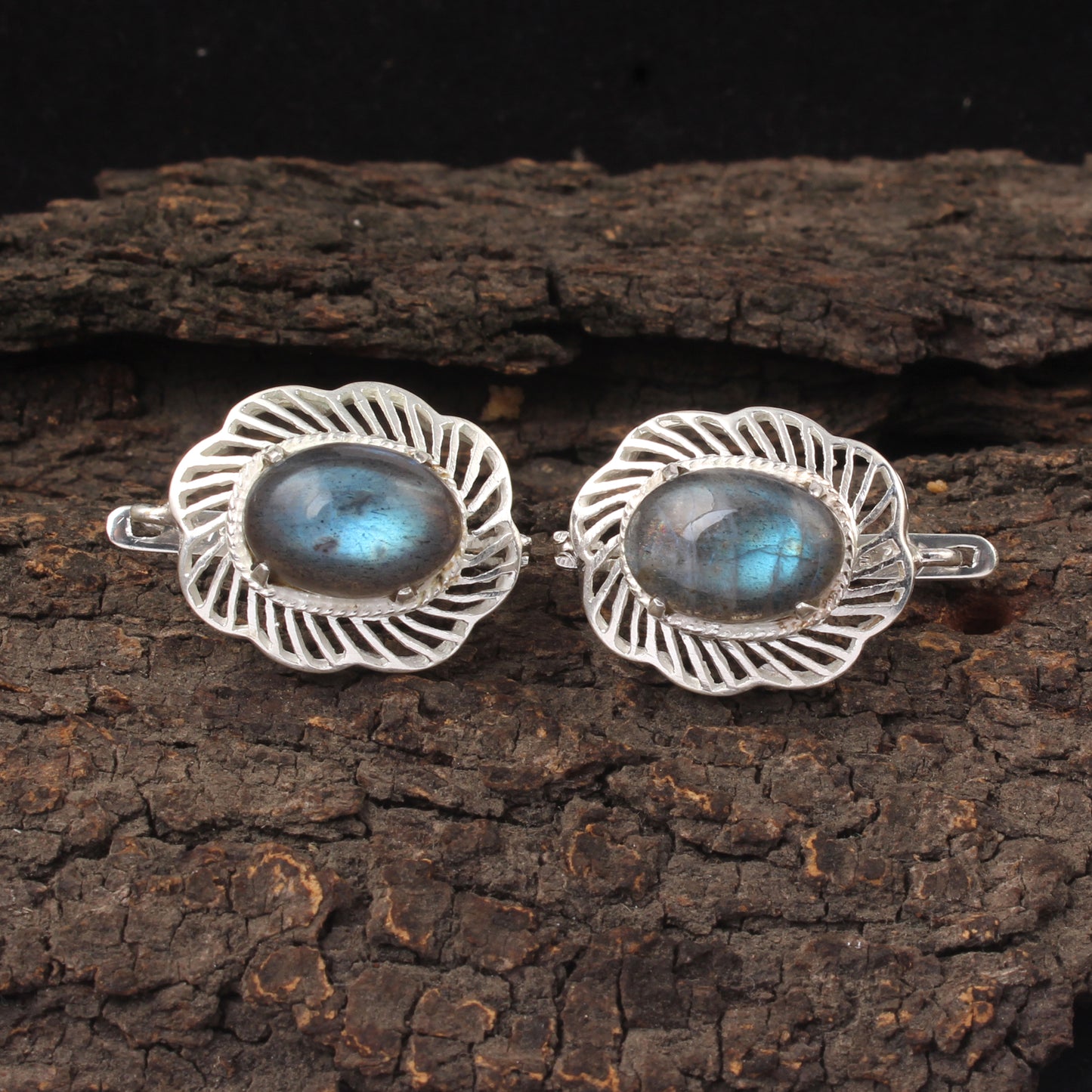 Labradorite Openwork Earrings with Russian Lock 925 Sterling Silver Earrings Handmade Prong Setting Earrings