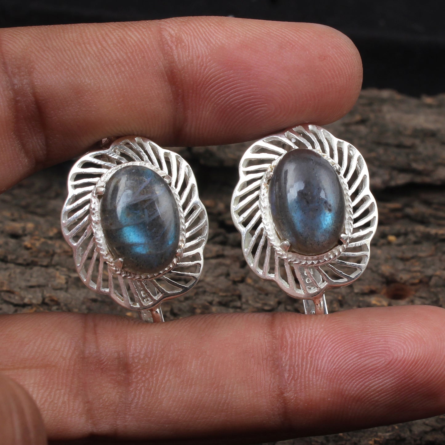 Labradorite Openwork Earrings with Russian Lock 925 Sterling Silver Earrings Handmade Prong Setting Earrings