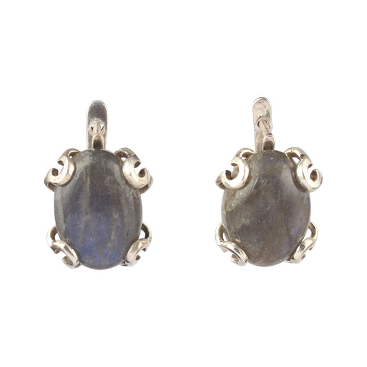 Natural Labradorite Earrings with 925 Sterling Silver Handmade Oval Shape Gemstone Earrings