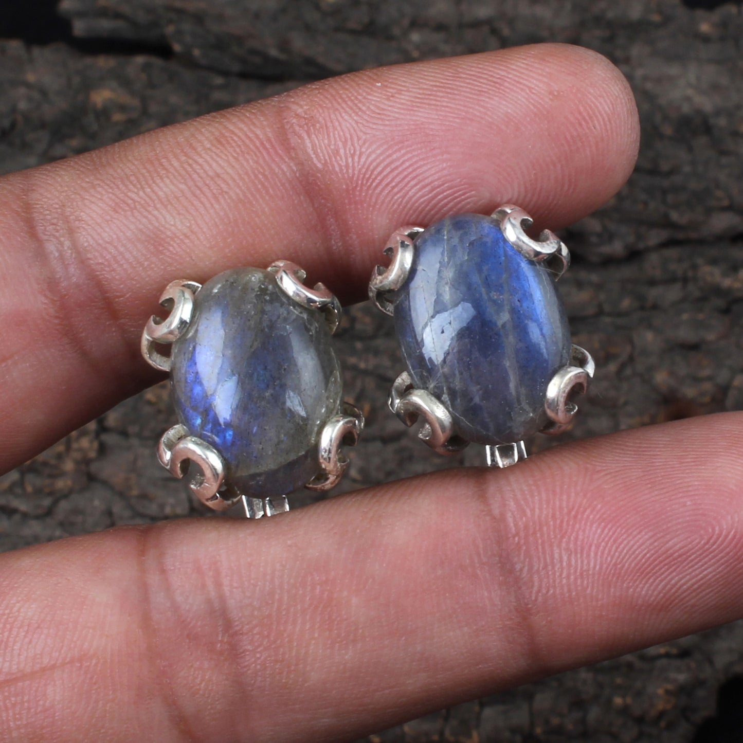 Natural Labradorite Earrings with 925 Sterling Silver Handmade Oval Shape Gemstone Earrings