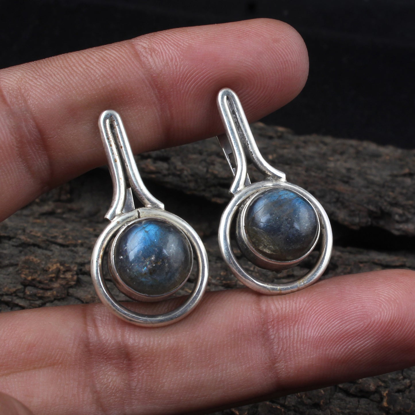 Natural Labradorite Earrings with 925 Sterling Silver Handmade Round Shape Gemstone Earrings