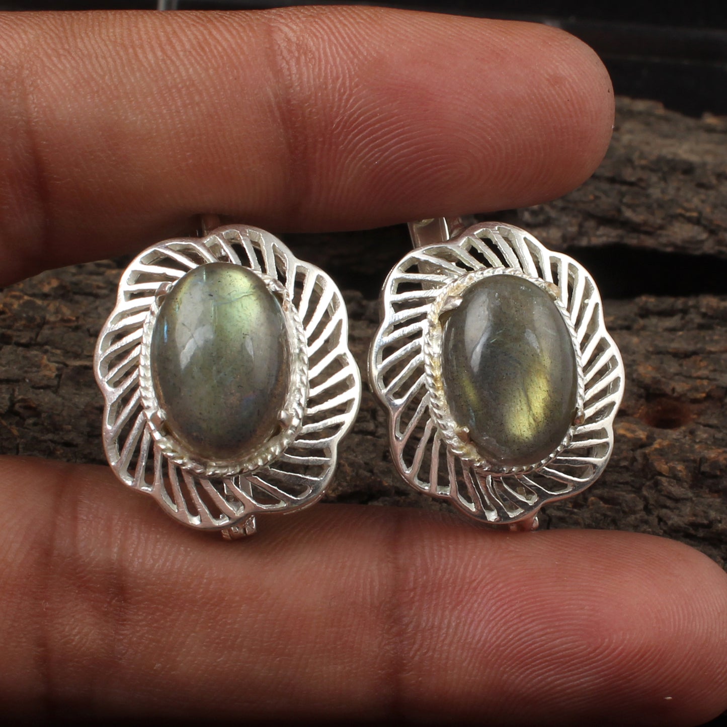 Openwork Labradorite Earrings with Russian Lock 925 Sterling Silver Earrings Handmade Prong Setting Earrings