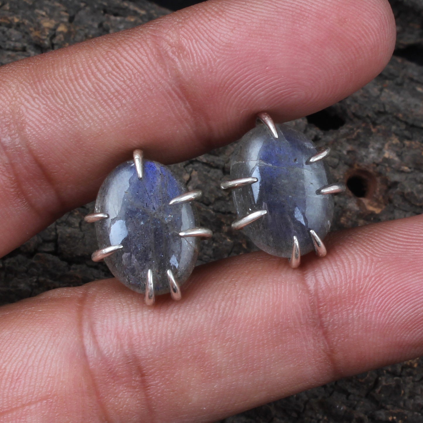 Natural Labradorite Earrings with 925 Sterling Silver Handmade Oval Shape Prong Setting Gemstone Earrings