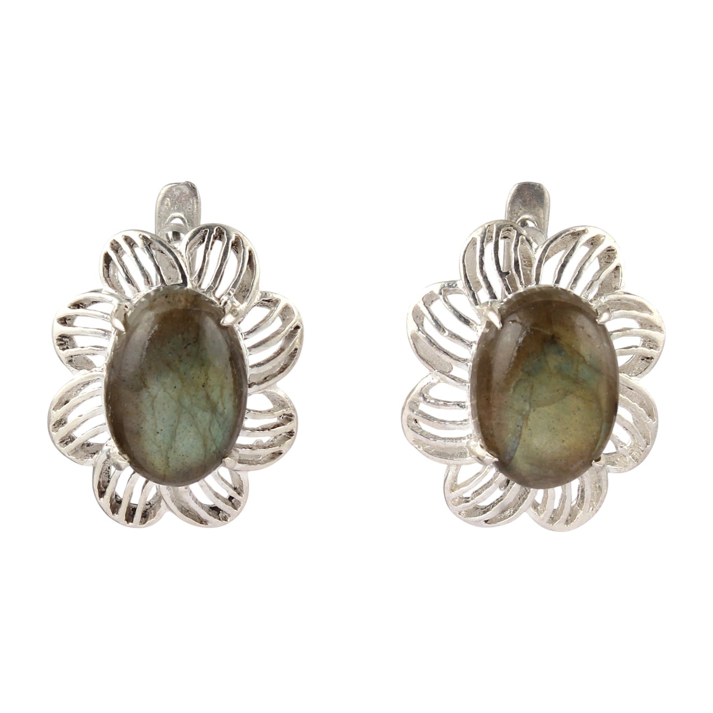 Labradorite Openwork Earrings with Russian Lock 925 Sterling Silver Earring Handmade Prong Setting Earrings