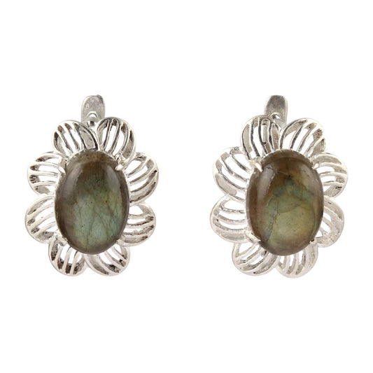 Labradorite Openwork Earrings with Russian Lock 925 Sterling Silver Earring Handmade Prong Setting Earrings