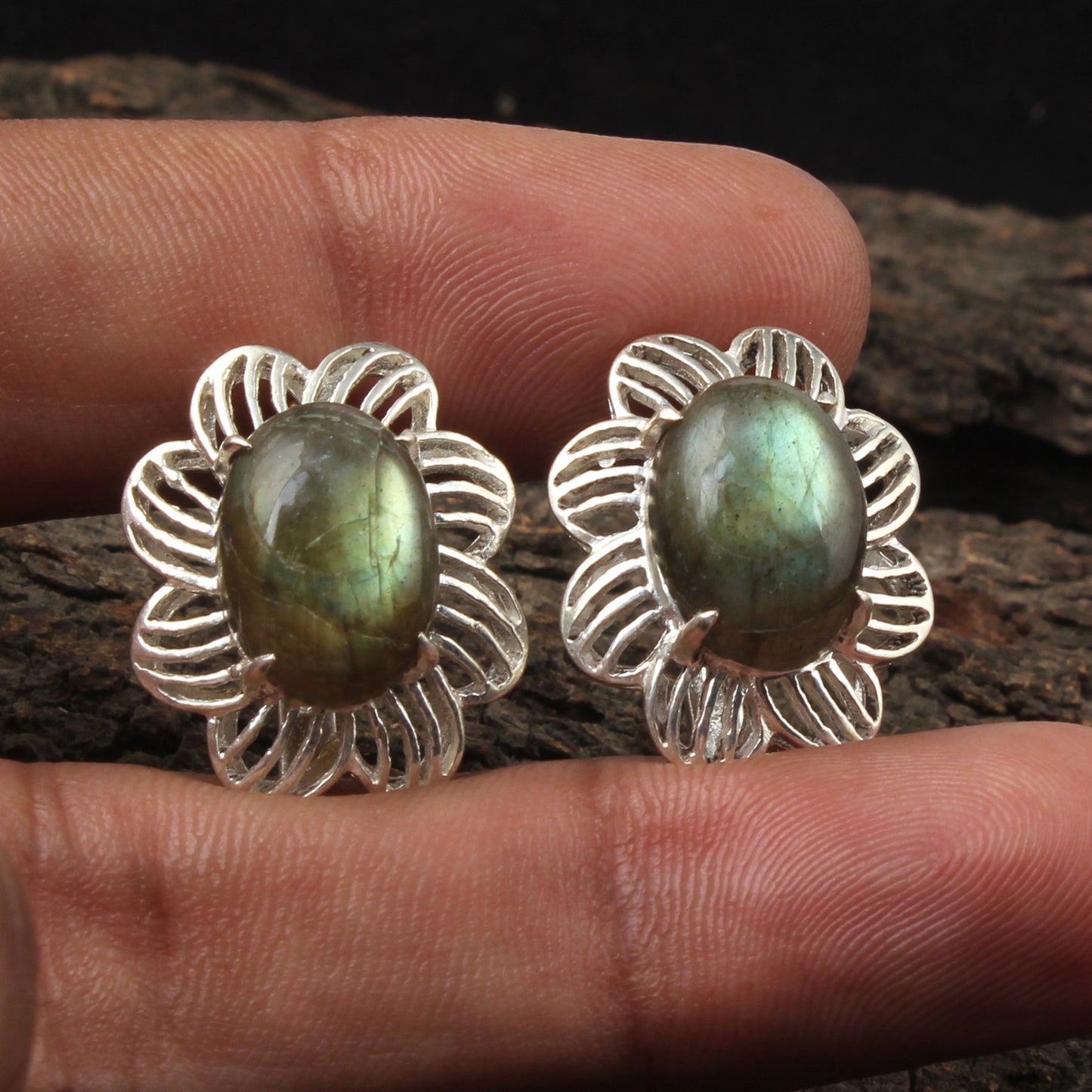 Labradorite Openwork Earrings with Russian Lock 925 Sterling Silver Earring Handmade Prong Setting Earrings