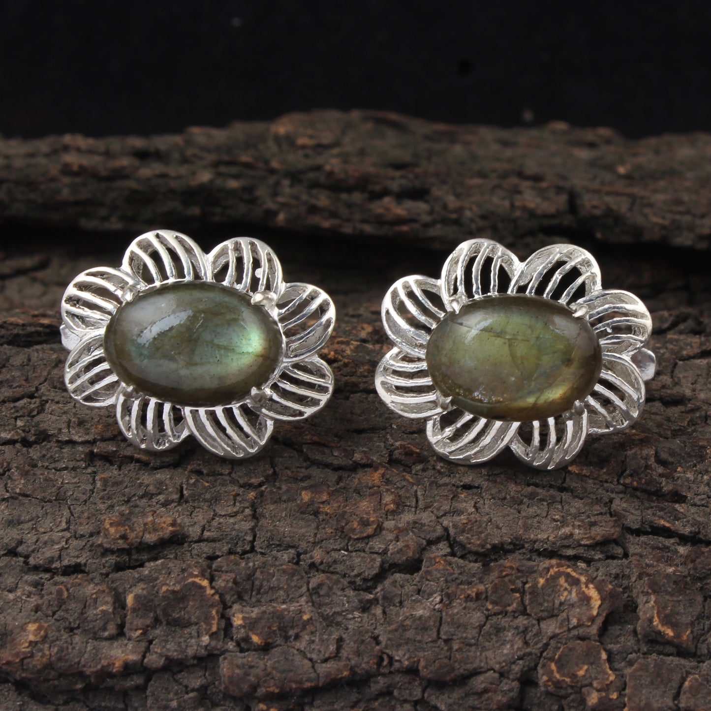 Labradorite Openwork Earrings with Russian Lock 925 Sterling Silver Earring Handmade Prong Setting Earrings