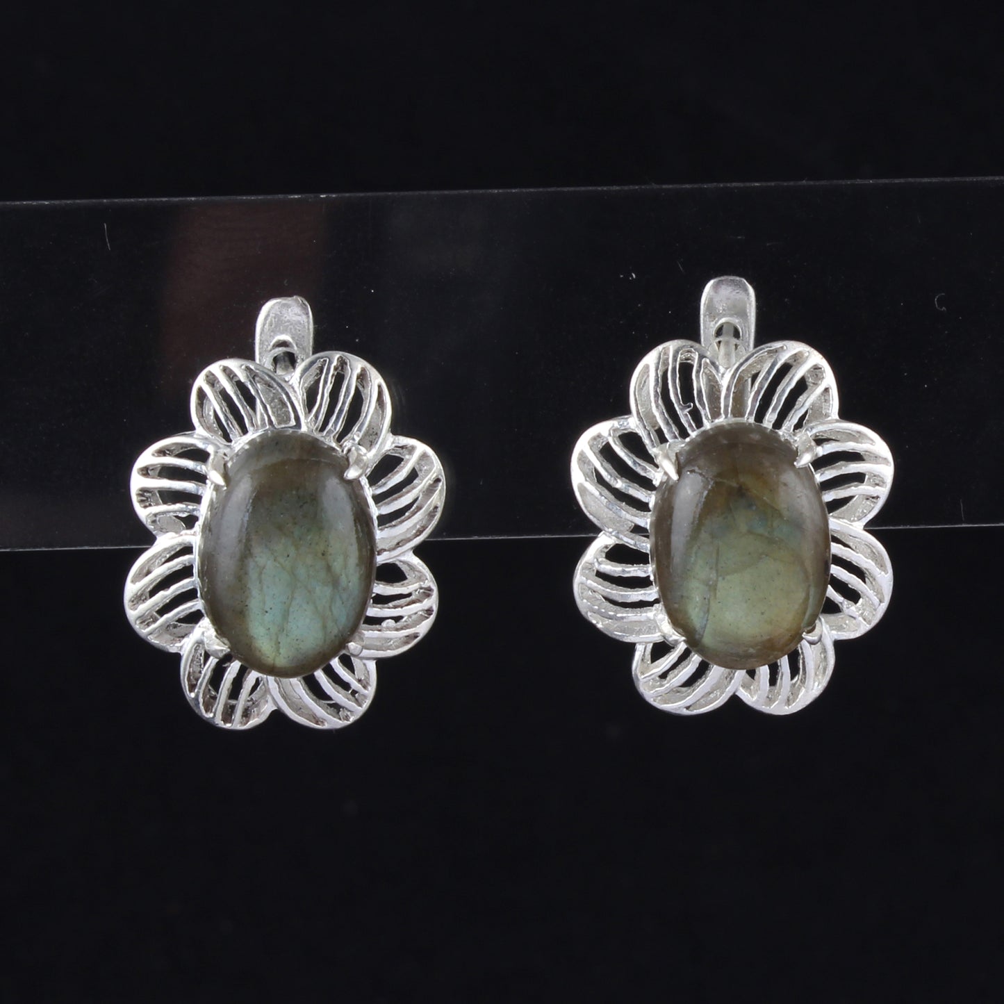 Labradorite Openwork Earrings with Russian Lock 925 Sterling Silver Earring Handmade Prong Setting Earrings