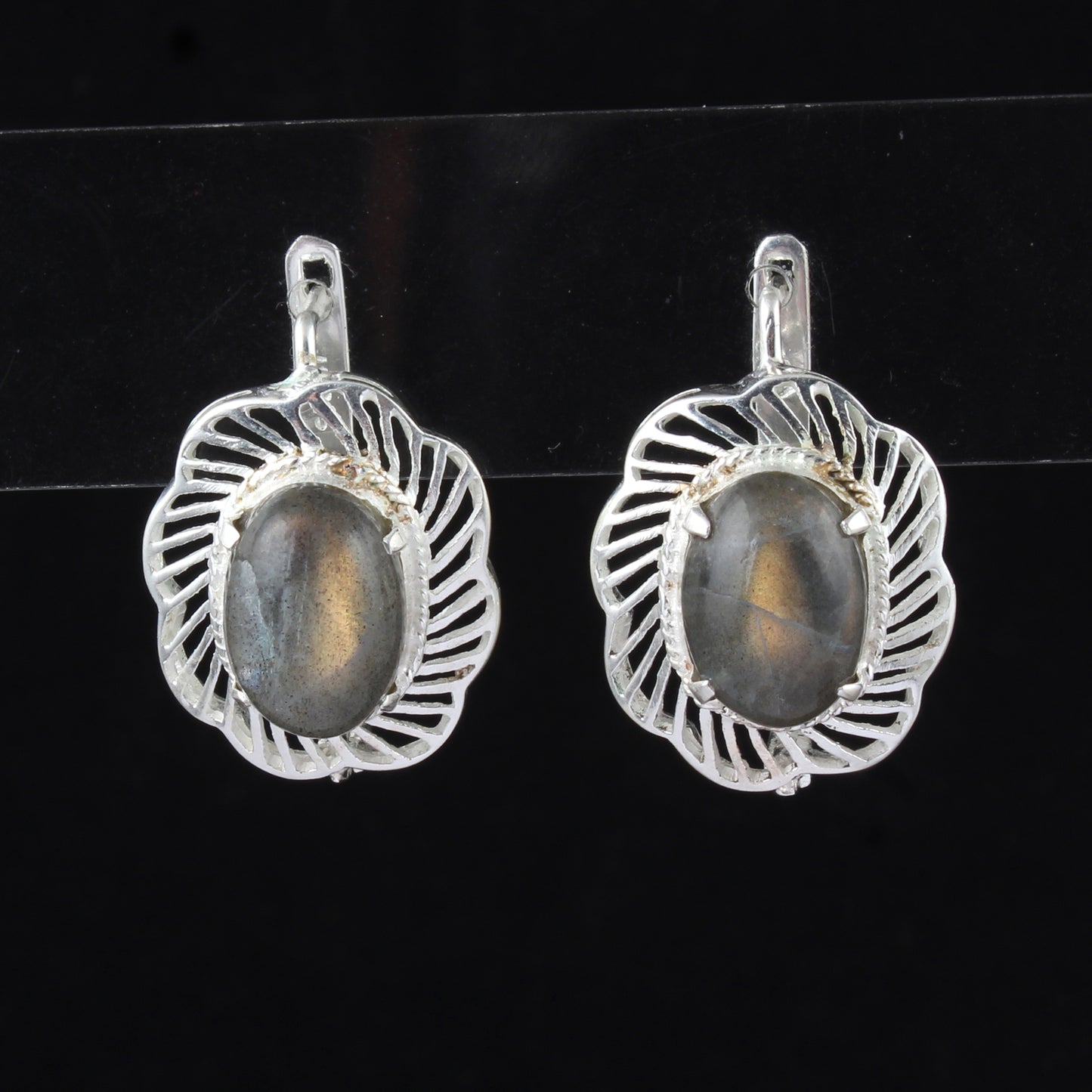 Labradorite Earrings with Russian Lock Designer Openwork 925 Sterling Silver Earring Handmade Prong Setting Earrings