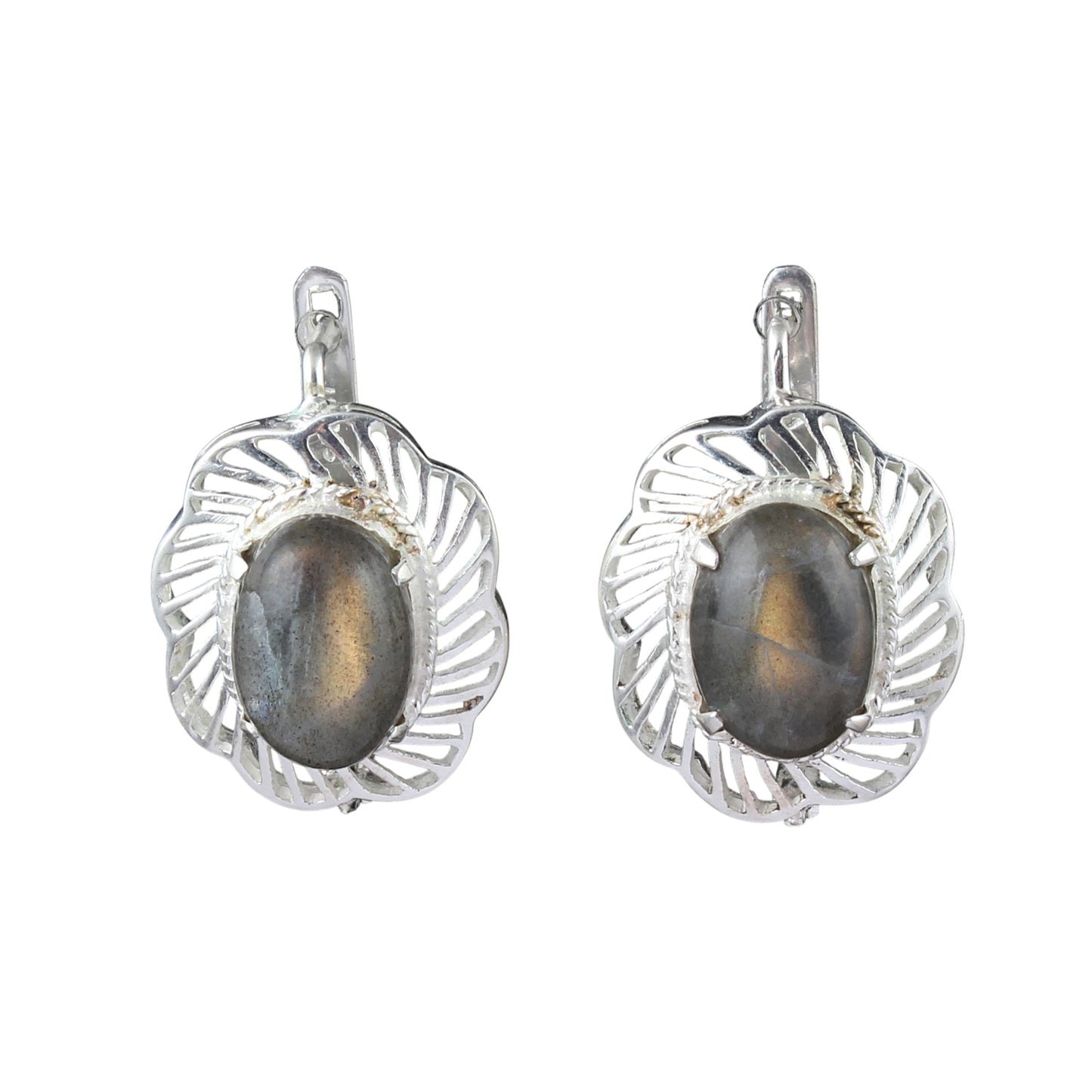 Labradorite Earrings with Russian Lock Designer Openwork 925 Sterling Silver Earring Handmade Prong Setting Earrings