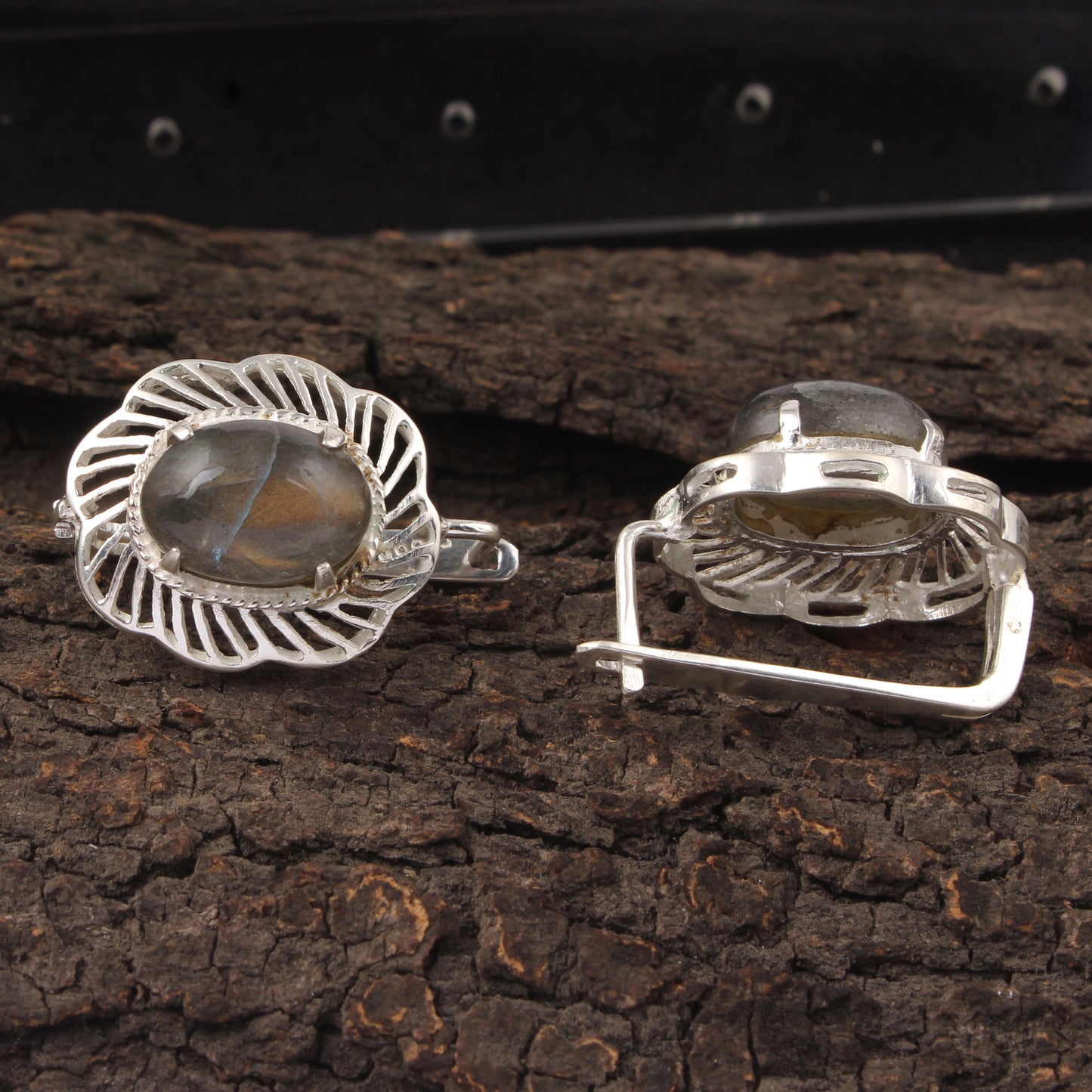 Labradorite Earrings with Russian Lock Designer Openwork 925 Sterling Silver Earring Handmade Prong Setting Earrings