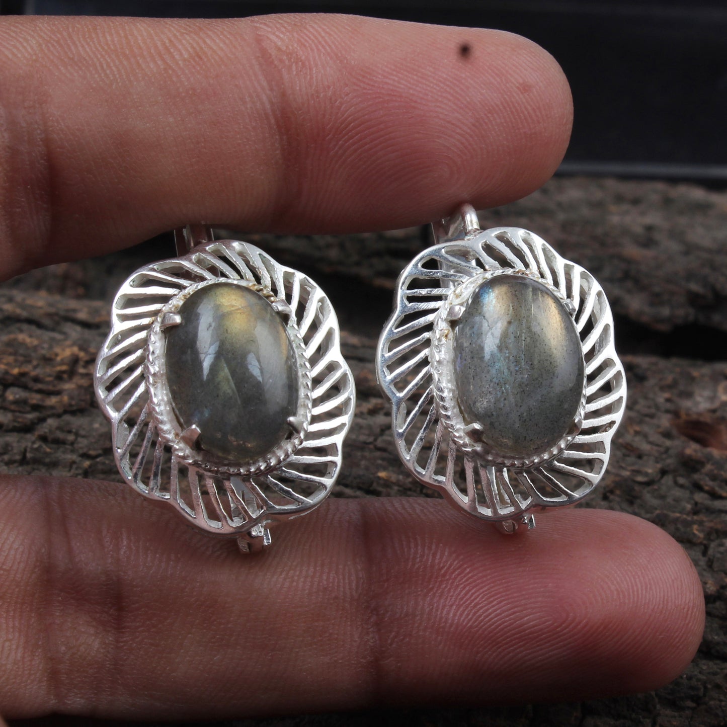 Labradorite Earrings with Russian Lock Designer Openwork 925 Sterling Silver Earring Handmade Prong Setting Earrings