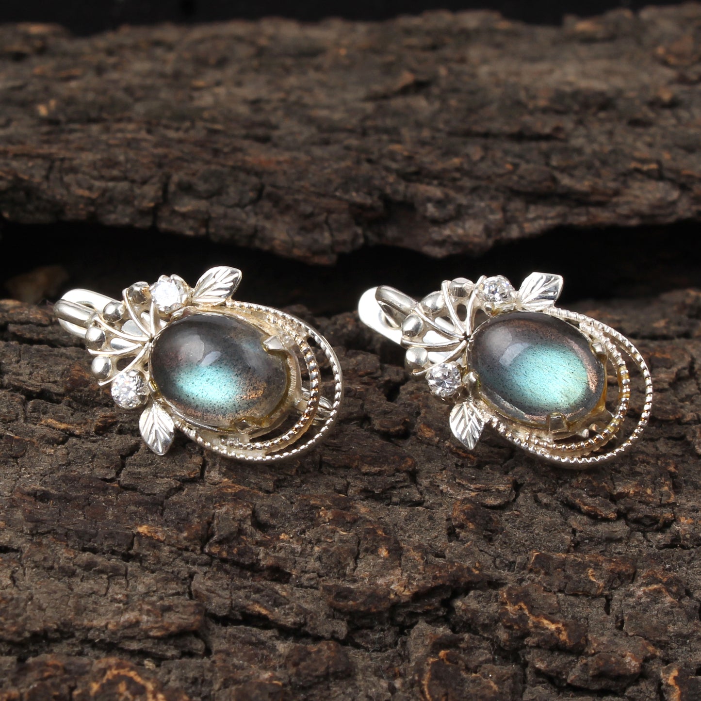 Minimalist Labradorite Earrings with CZ Handmade Lightweight 925 Sterling Silver Natural Gemstone Earrings