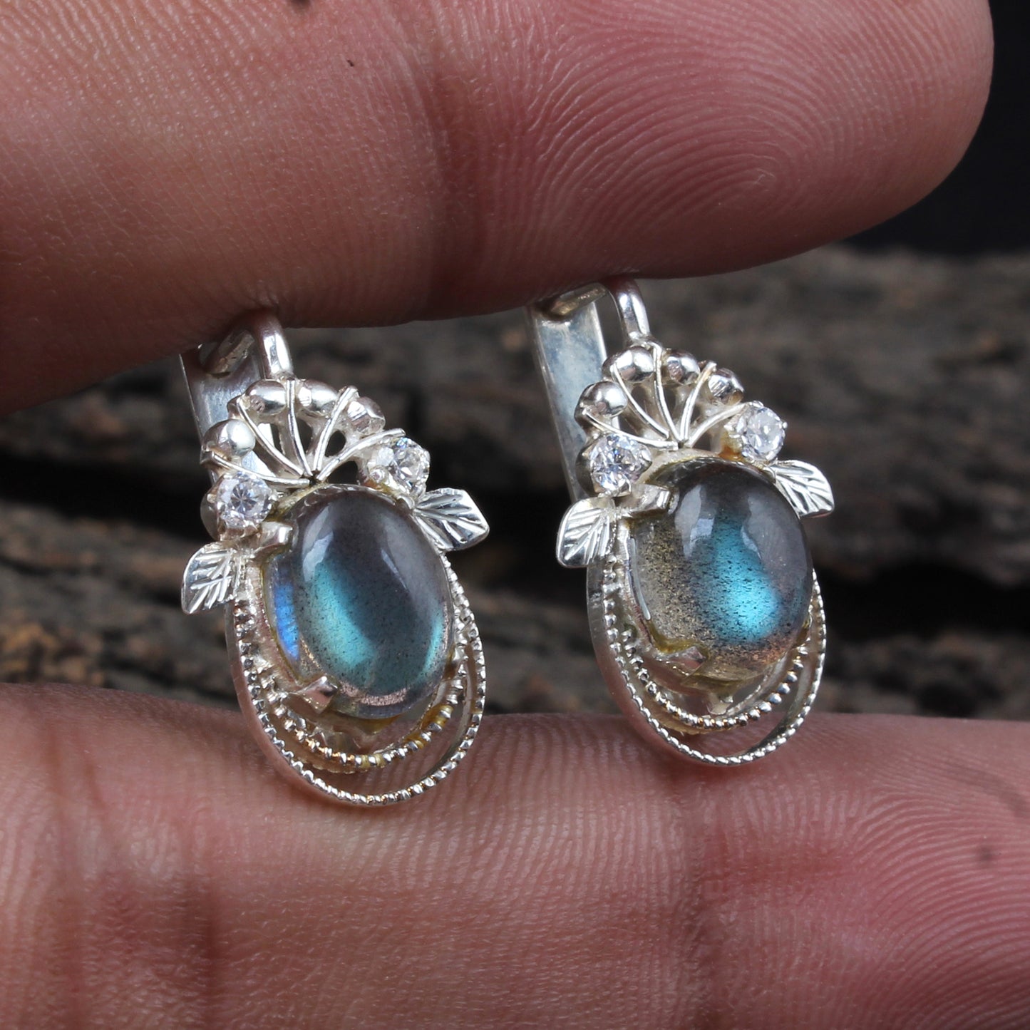 Minimalist Labradorite Earrings with CZ Handmade Lightweight 925 Sterling Silver Natural Gemstone Earrings