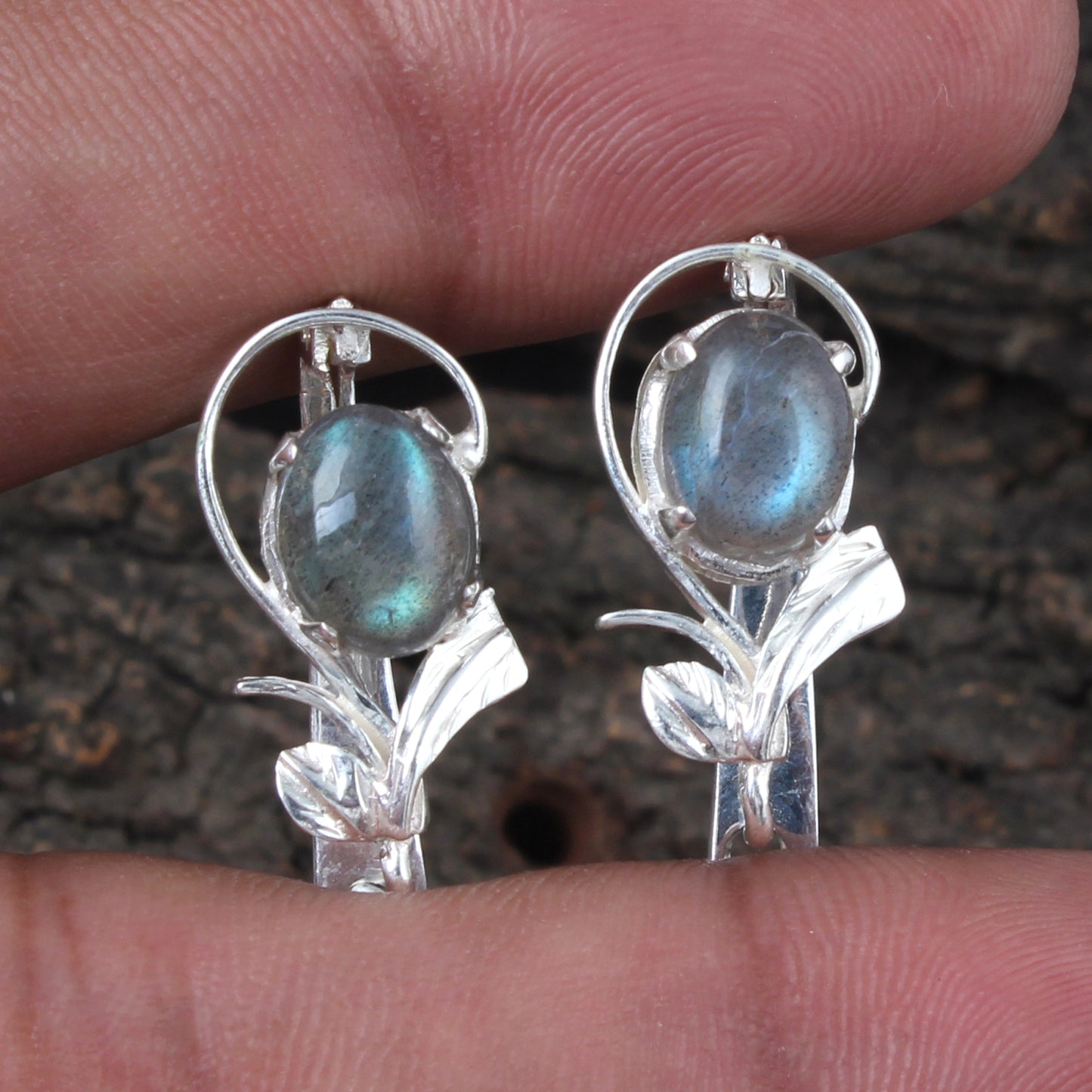 Designer Leaf Charm Earrings with Labradorite Stone Handmade 925 Sterling Silver Natural Gemstone Earrings