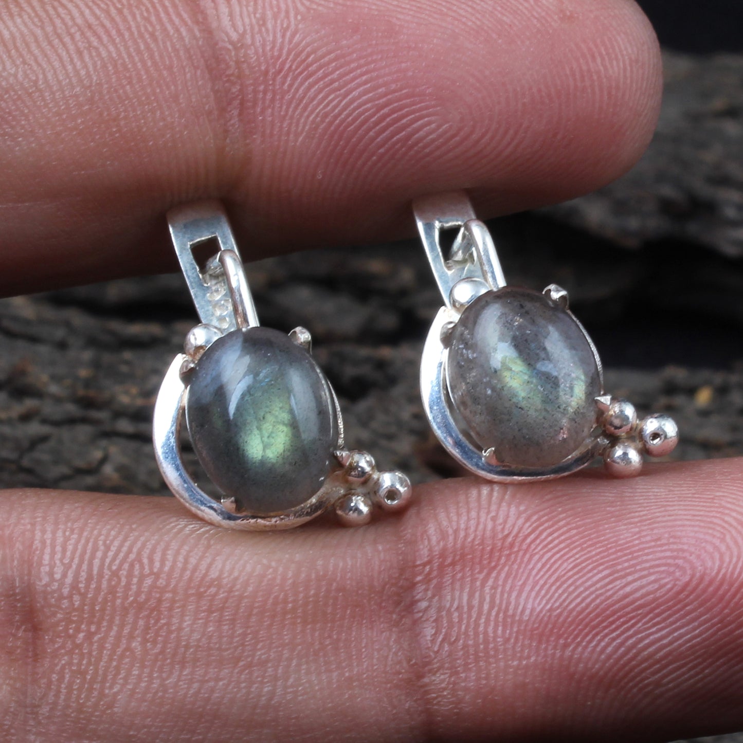 Natural Labradorite Earrings with 925 Sterling Silver Handmade Oval Shape Prong Setting Gemstone Minimalist Earrings