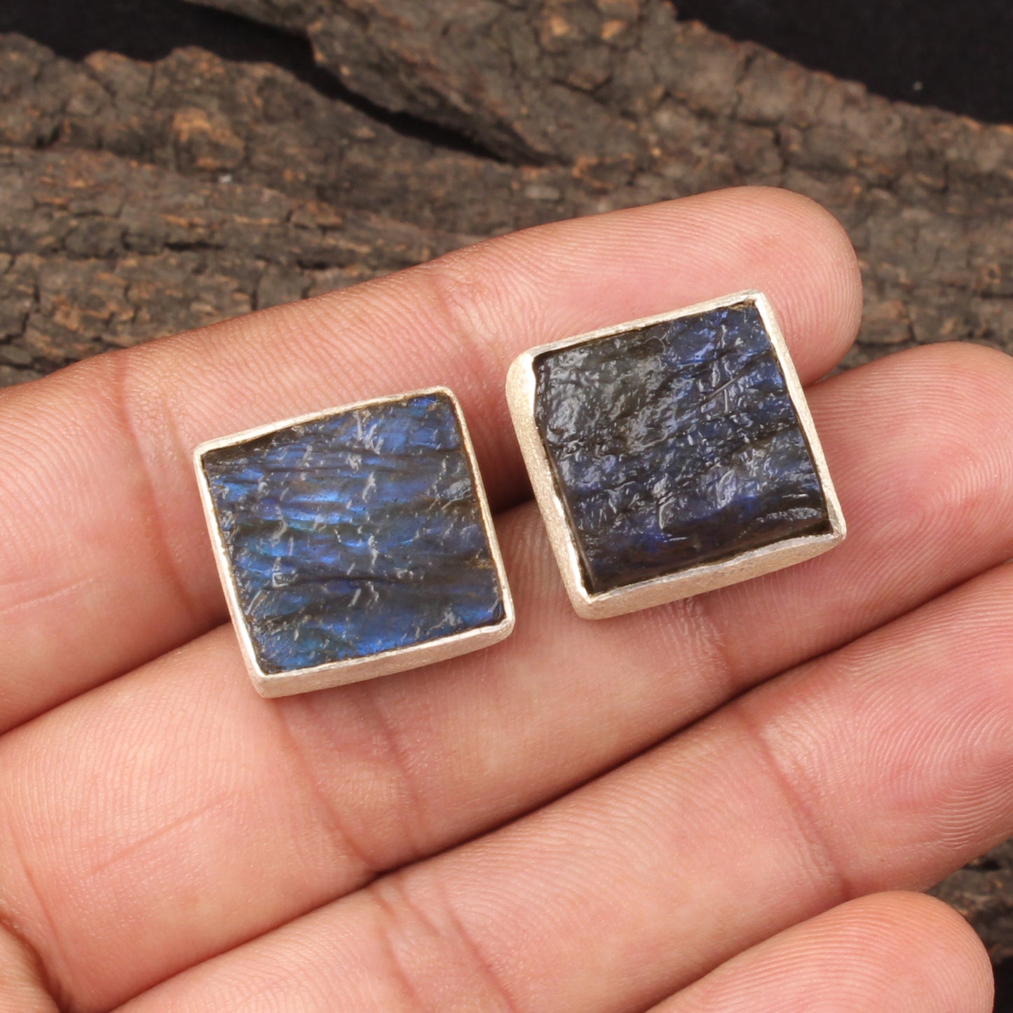 Rough Labradorite Stud Earrings with Matte Finish Handmade 925 Sterling Silver Natural Raw Gemstone Earrings