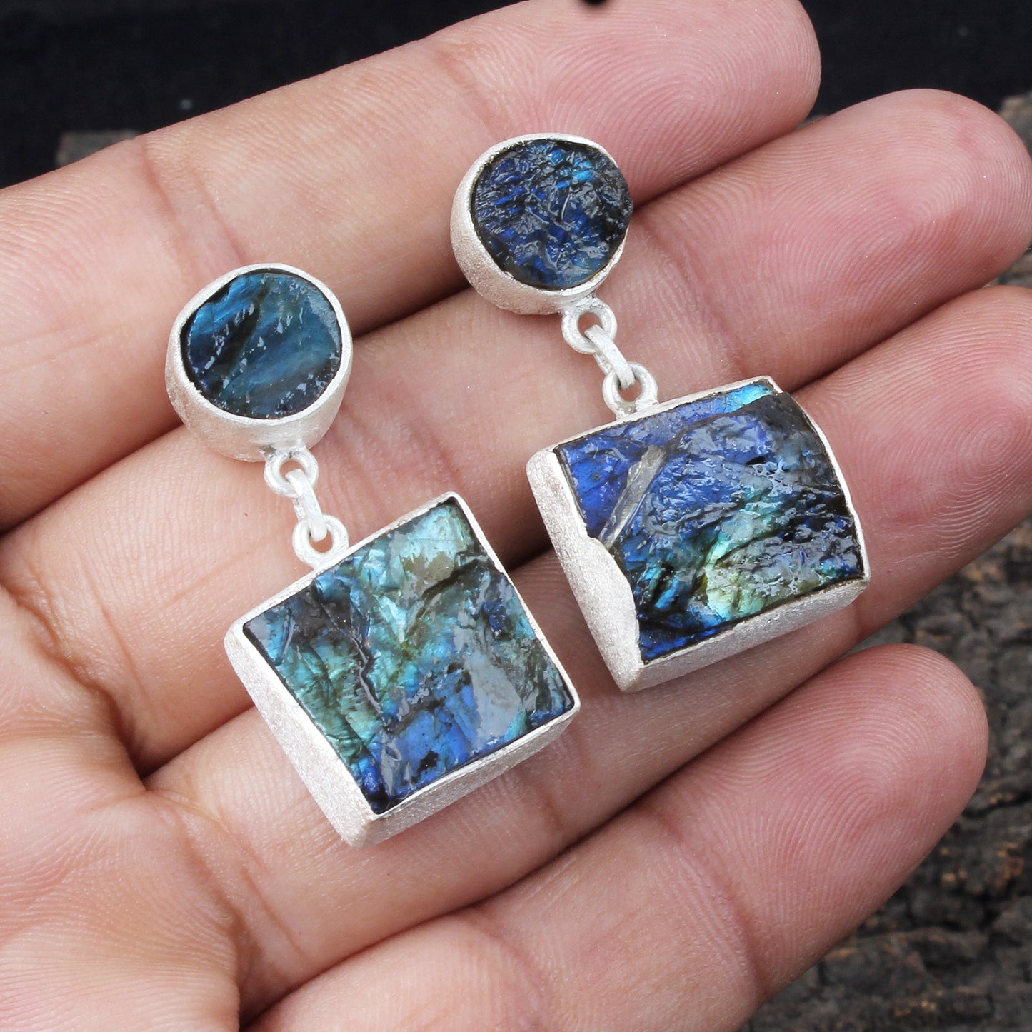 Rough Labradorite Earrings Matte Finish 925 Sterling Silver Earrings Handmade Natural Raw Gemstone Jewelry