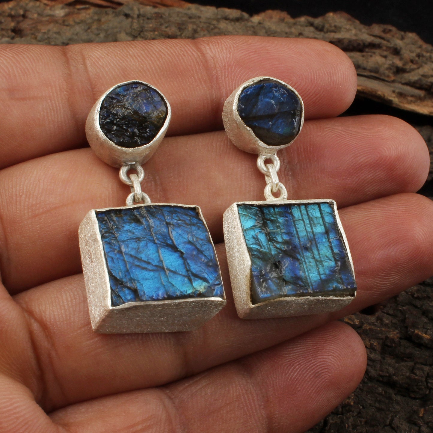 Rough Labradorite Earrings Matte Finish 925 Sterling Silver Earrings Handcrafted Natural Raw Gemstone Jewelry