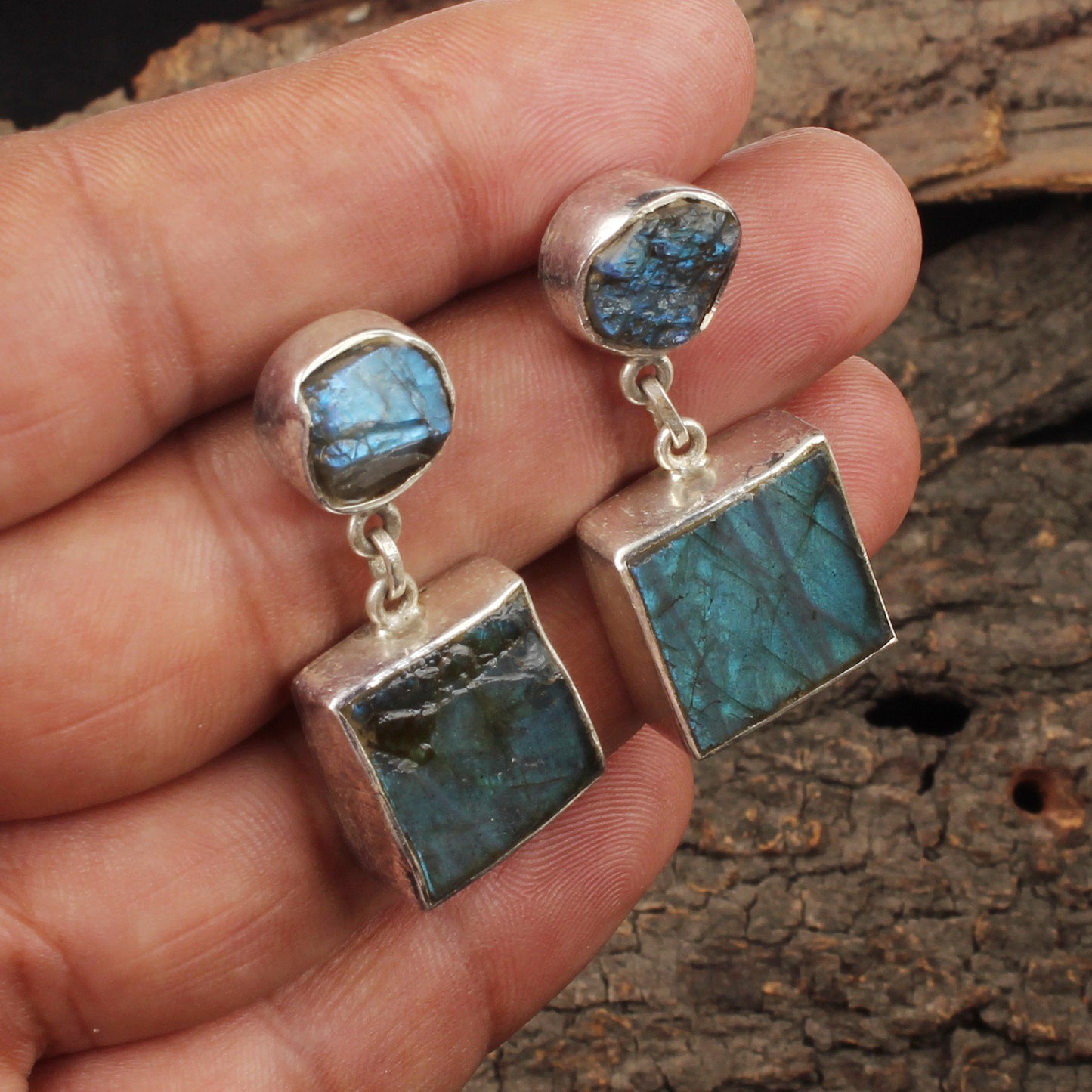 Rough Labradorite Earrings Handmade Matte Finish 925 Sterling Silver Earrings Natural Raw Stone Jewelry