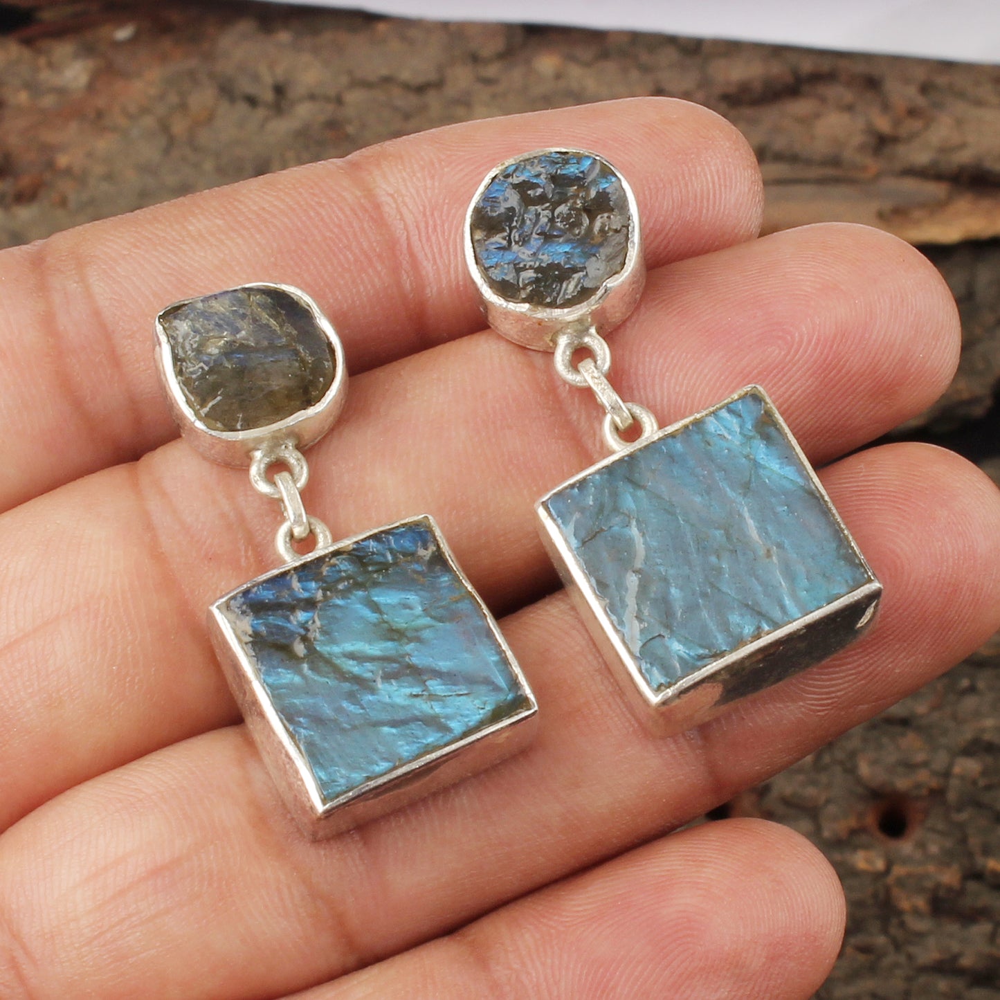 Rough Labradorite Earrings Handmade Matte Finish 925 Sterling Silver Earrings Natural Raw Stone Jewelry