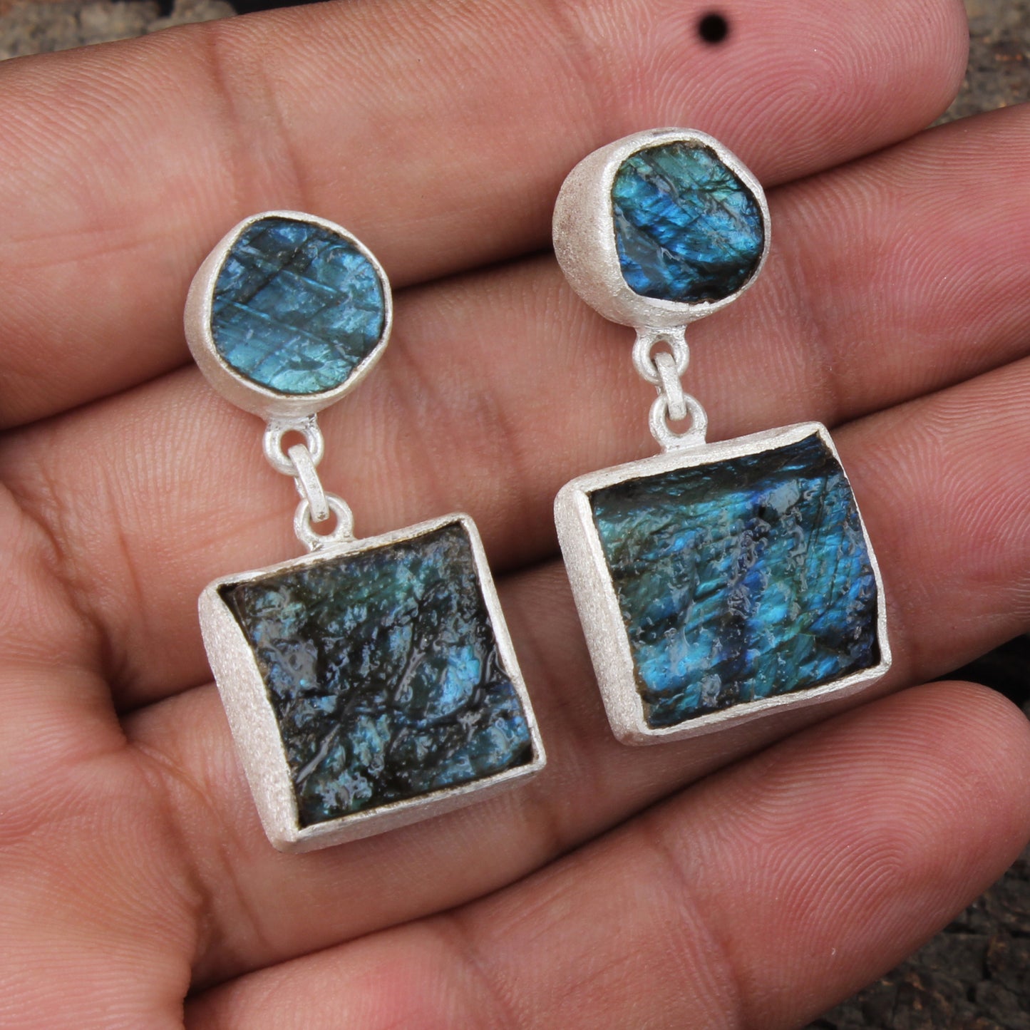 Rough Labradorite Earrings Matte Finish 925 Sterling Silver Earrings Handmade Natural Raw Stone Jewelry