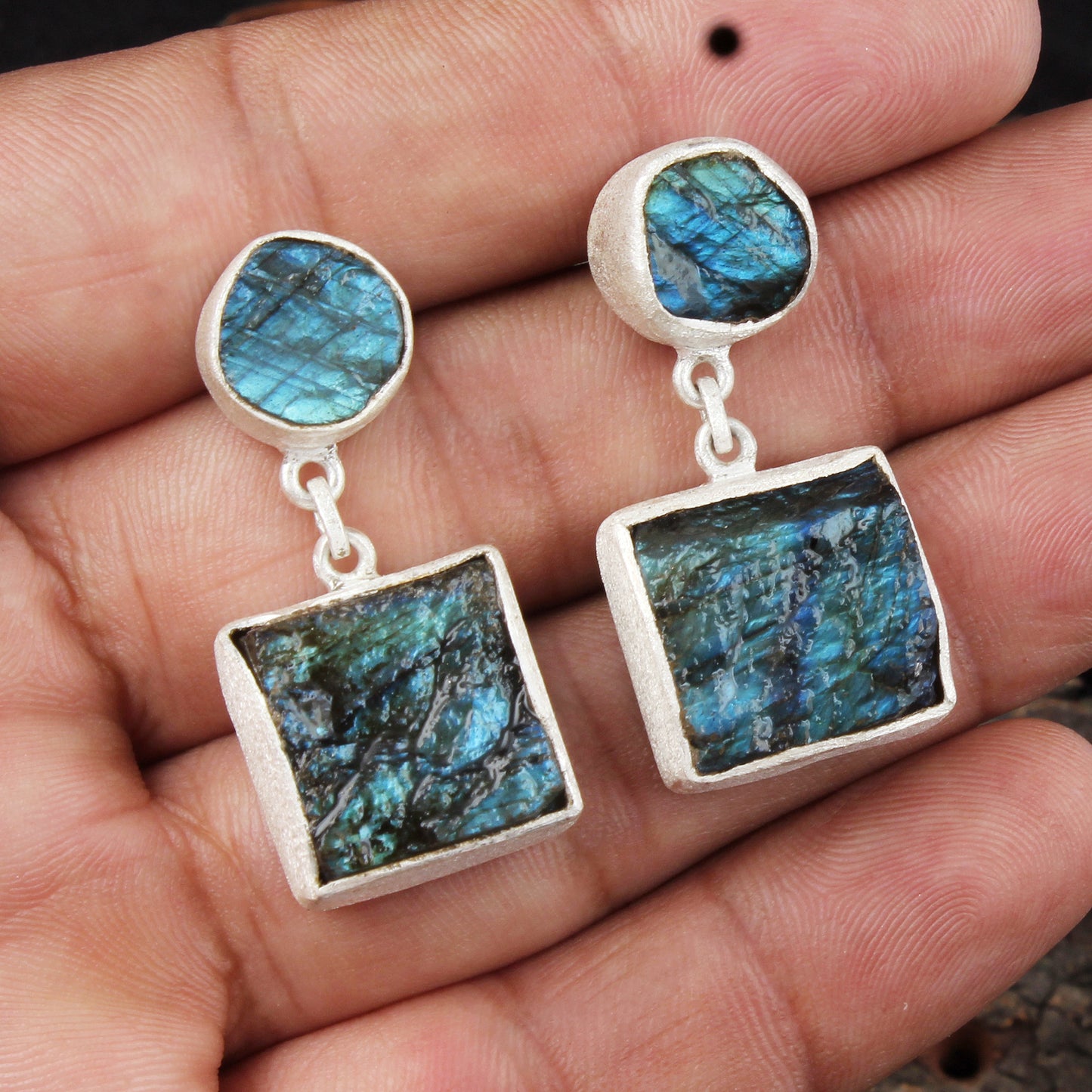 Rough Labradorite Earrings Matte Finish 925 Sterling Silver Earrings Handmade Natural Raw Stone Jewelry