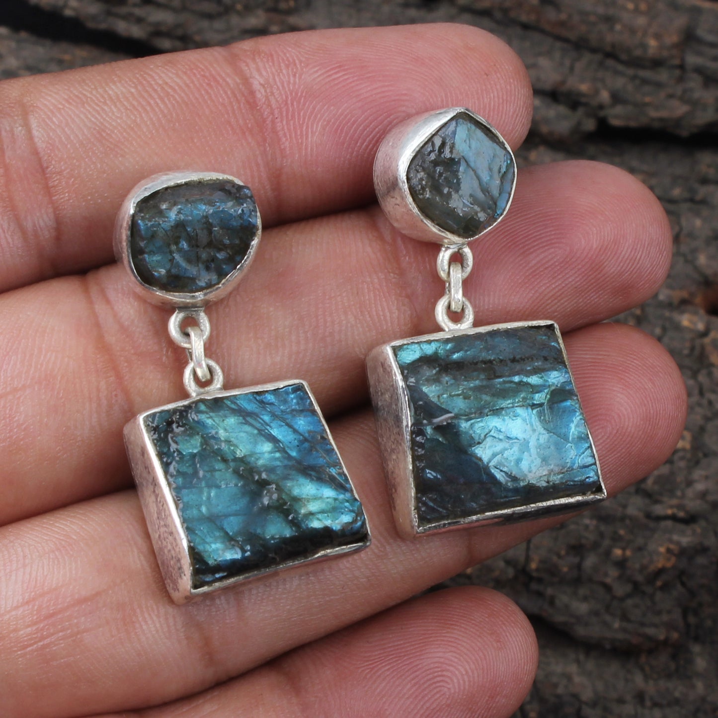 Rough Labradorite Earrings Matte Finish 925 Sterling Silver Earrings Handmade Natural Healing Crystal Jewelry