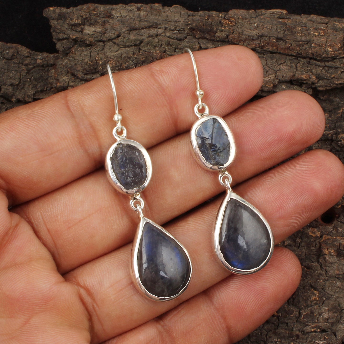 Natural Labradorite Earrings with 925 Sterling Silver Handmade Cab & Rough Stone Earrings Jewelry