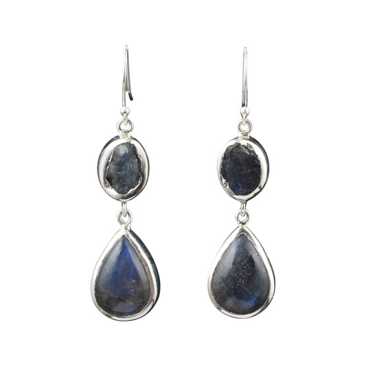 Natural Labradorite Earrings with 925 Sterling Silver Handmade Cab & Rough Stone Earrings Jewelry