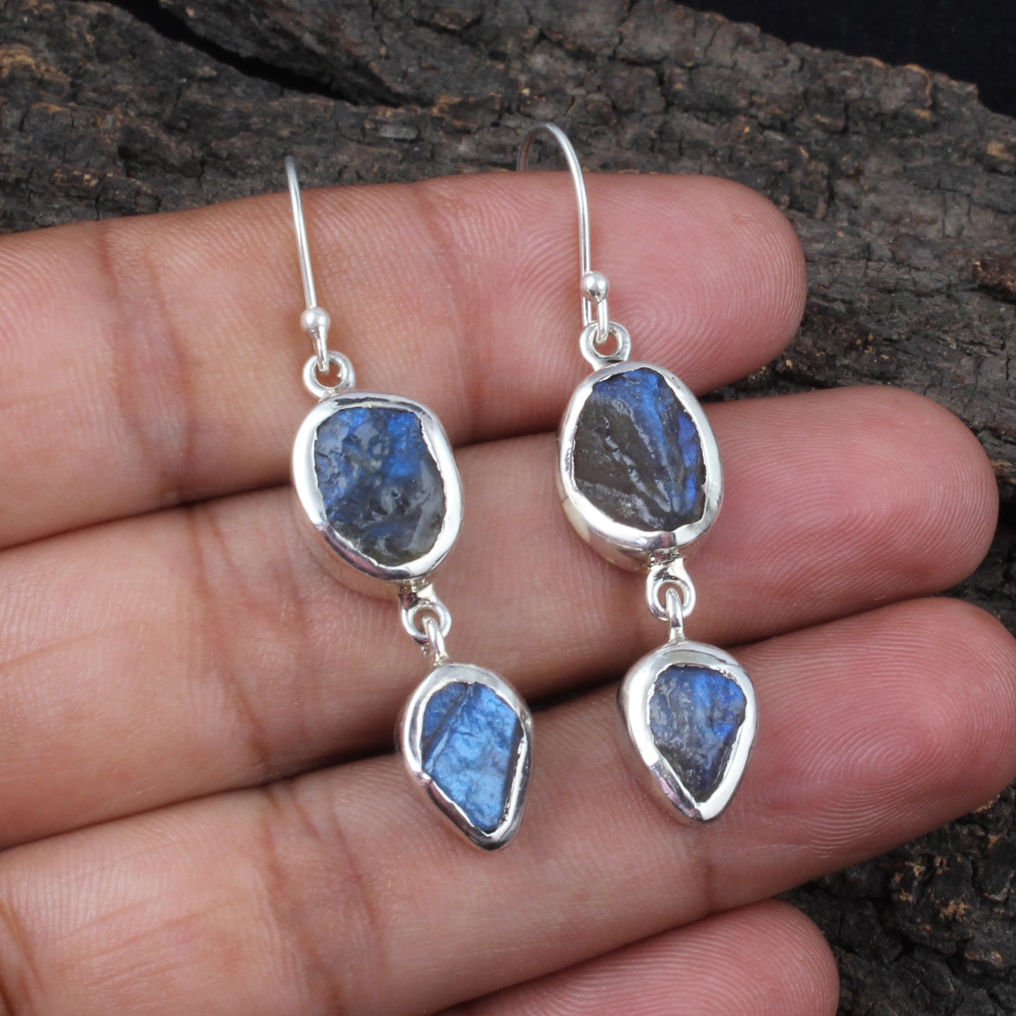 Rough Labradorite Crystal Earrings 925 Sterling Silver Natural Gemstone Earrings Handmade Dangle Drop Jewelry