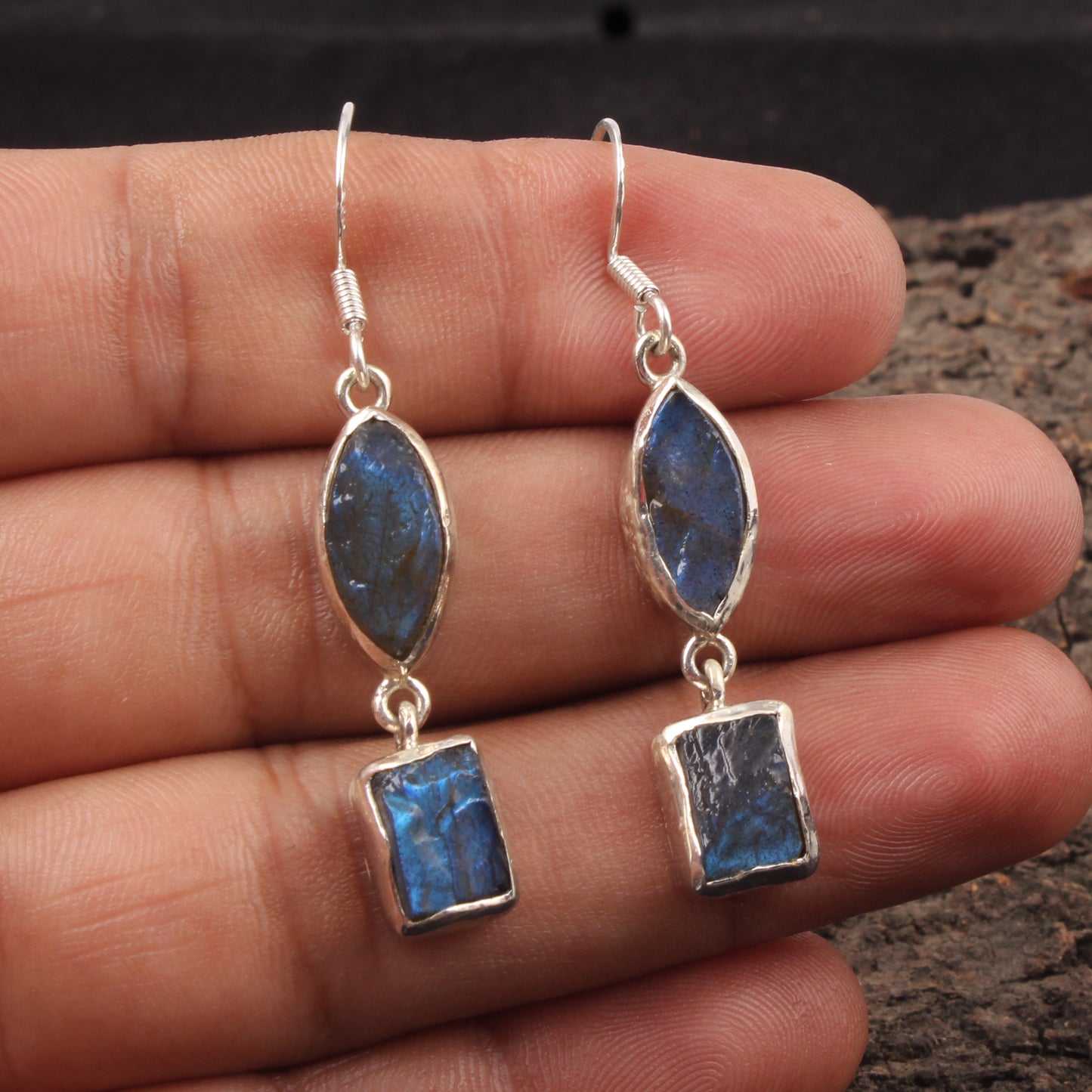 Raw Labradorite Earrings 925 Sterling Silver Natural Gemstone Earrings Handmade Dangle Drops Jewelry