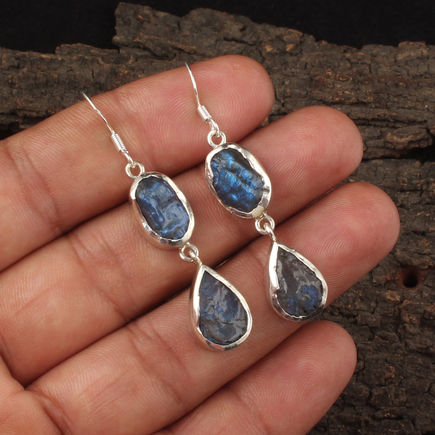 Raw Labradorite Dangle Earrings Handmade Rough Stone 925 Sterling Silver Raw Stone Jewelry November Birthstone Christmas Gift