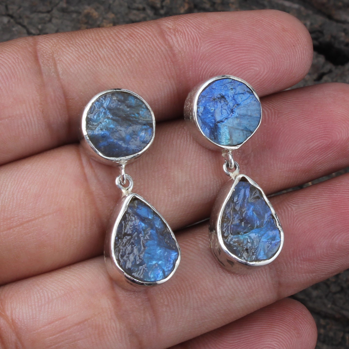 Raw Labradorite Earrings 925 Sterling Silver Natural Rough Gemstone Earrings Handmade Dangle Drops Jewelry