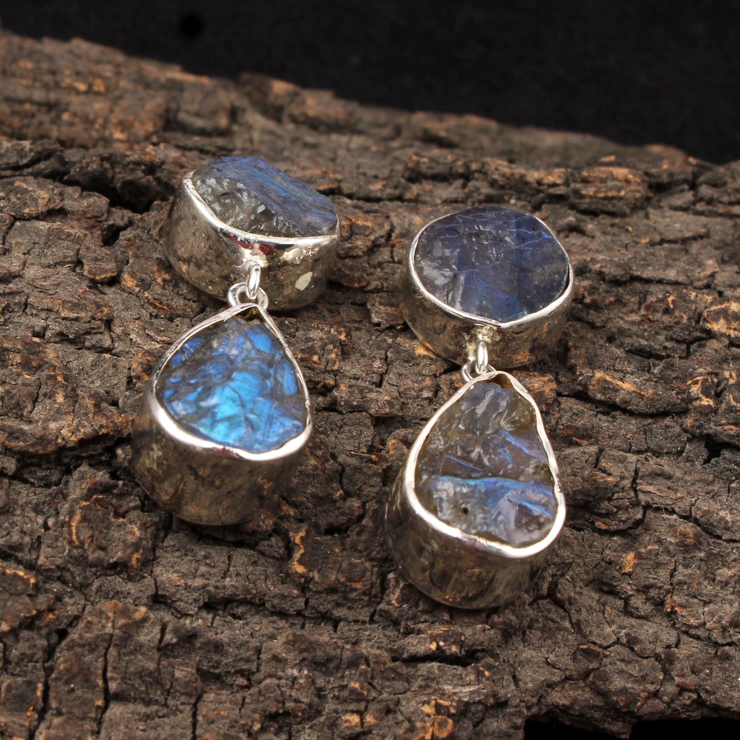 Raw Labradorite Earrings 925 Sterling Silver Natural Rough Gemstone Earrings Handmade Dangle Drops Jewelry