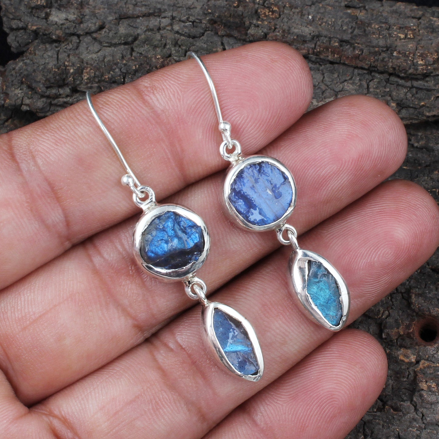 Natural Rough Labradorite Earrings Handmade 925 Sterling Silver Raw Healing Crystal Gemstone Earrings