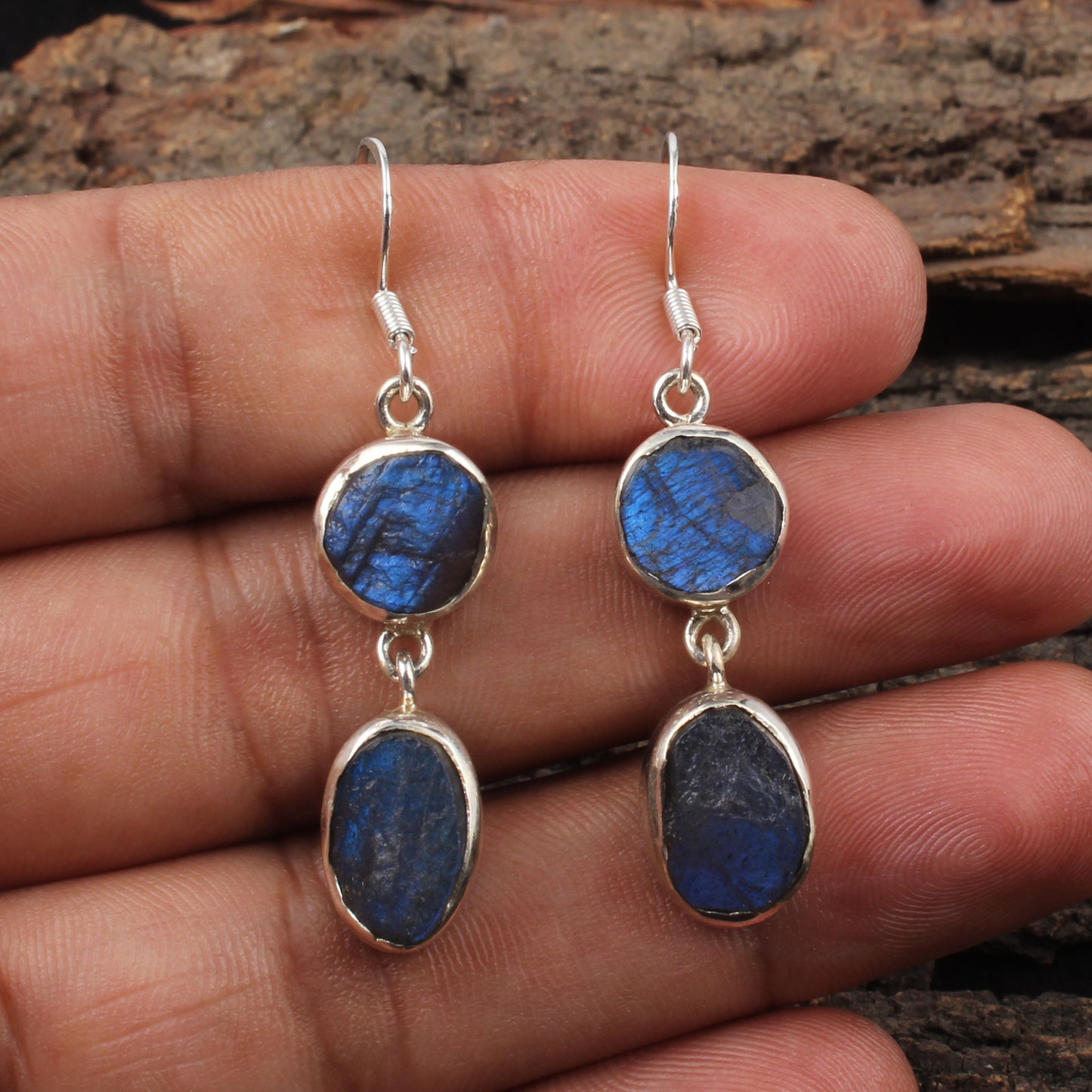 Labradorite Earrings 925 Sterling Silver Natural Rough Crystal Earrings Handmade Dangle Drops