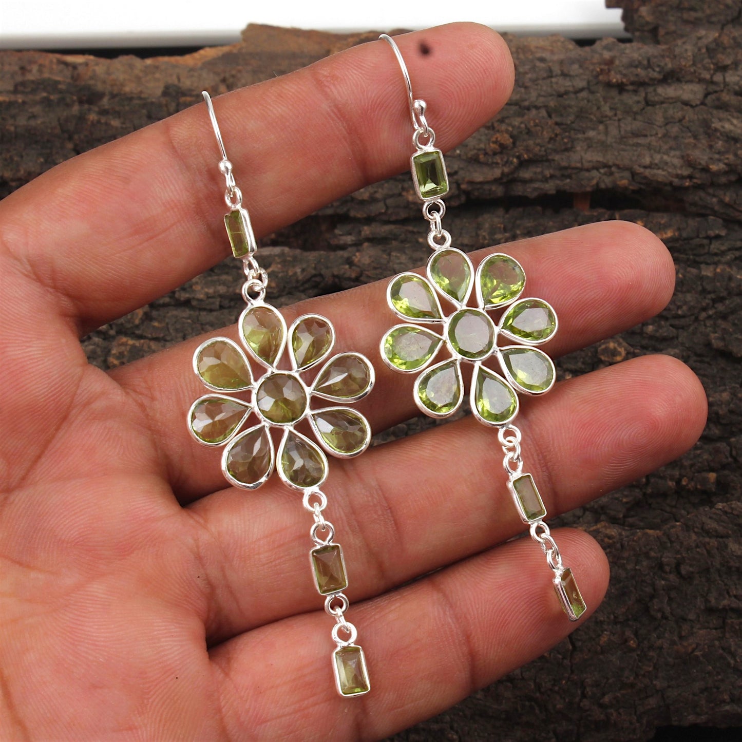 Long Dangle Peridot Earrings 925 Sterling Silver Handmade Bezel Set August Birthstone Earrings
