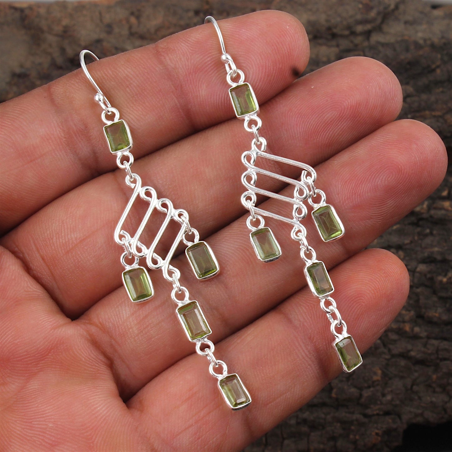 Statement Long Danglers Peridot Earrings Handmade 925 Sterling Silver Jewelry Birthstone Earrings